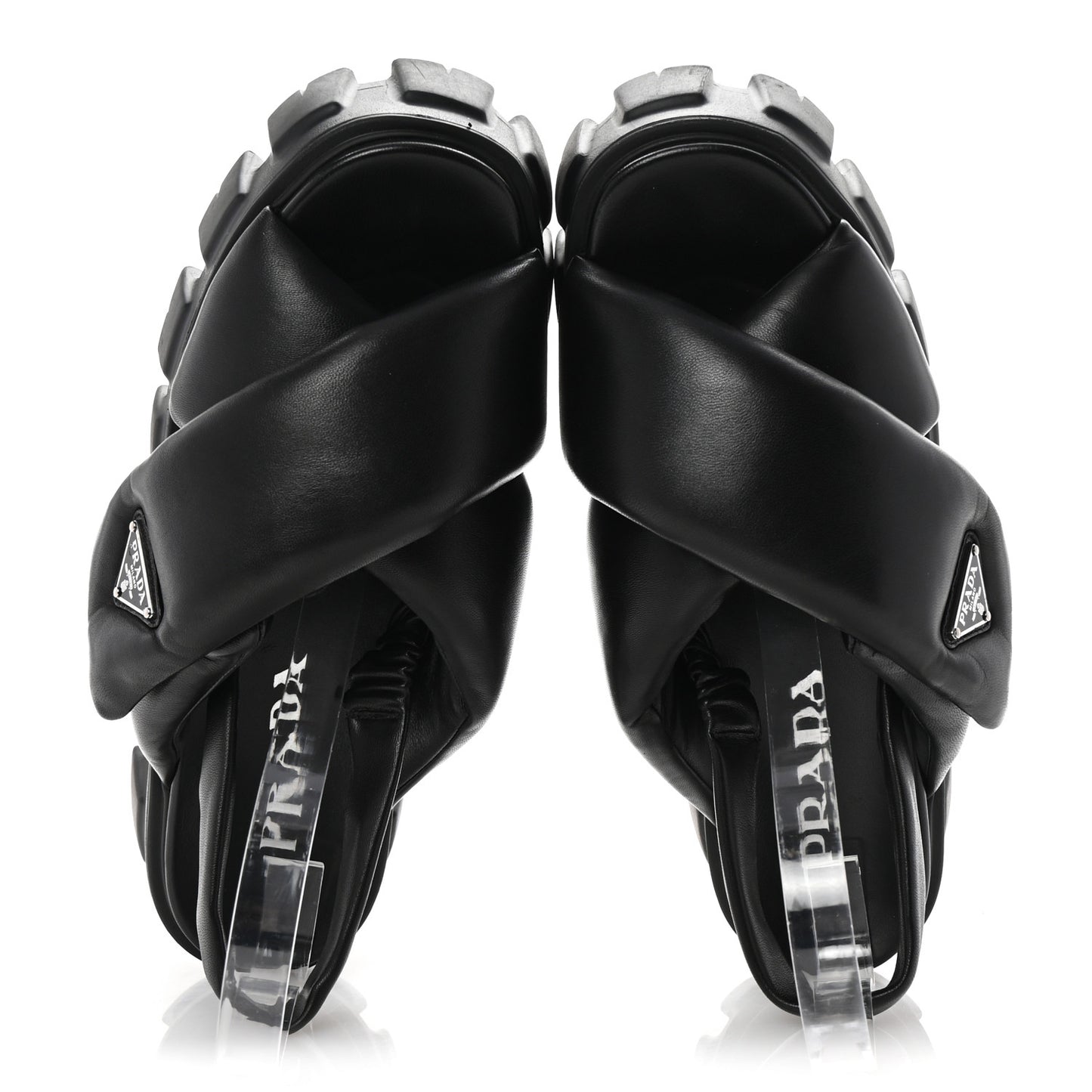 Nappa Soft Metal Triangle Logo Padded Monolith 55mm Slingback Sandals 39 Black