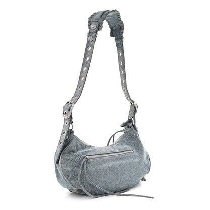 Balenciaga Washed Frayed Denim Crystal Small Le Cagole Shoulder Bag XS Blue 7 of 25