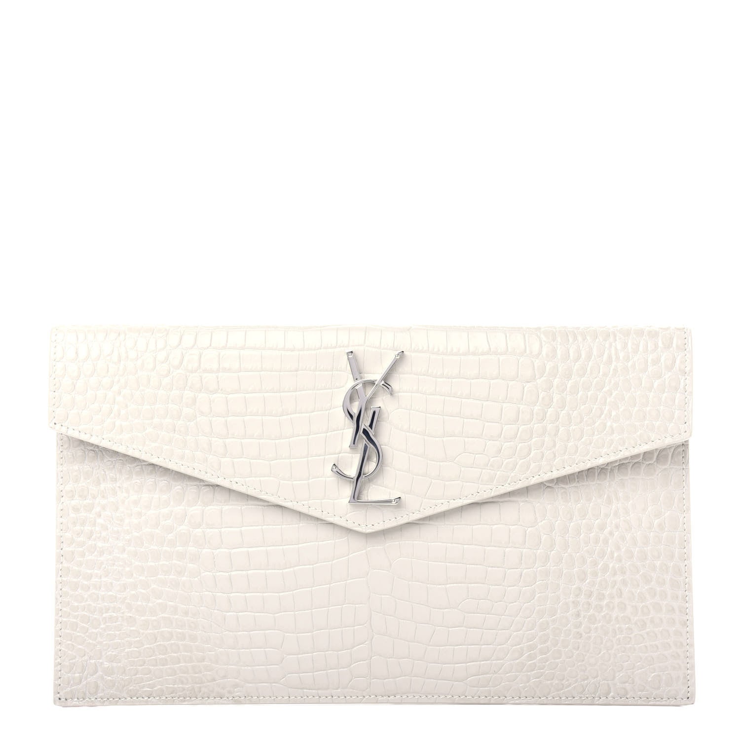 Saint Laurent Calfskin Crocodile Embossed Uptown Monogram Pouch Crema Soft 1 of 8