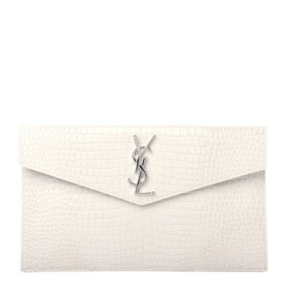 Saint Laurent Calfskin Crocodile Embossed Uptown Monogram Pouch Crema Soft 1 of 8