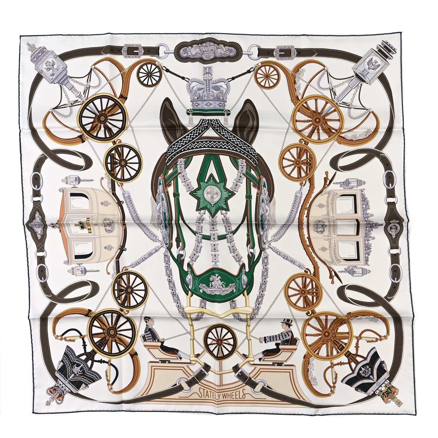 Hermes Silk Stately Wheels Scarf 90 White Vert Etoupe 1 of 3