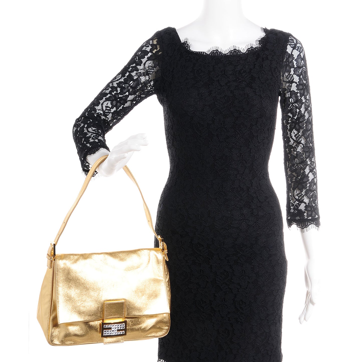 Leather Crystal Mama Baguette Gold