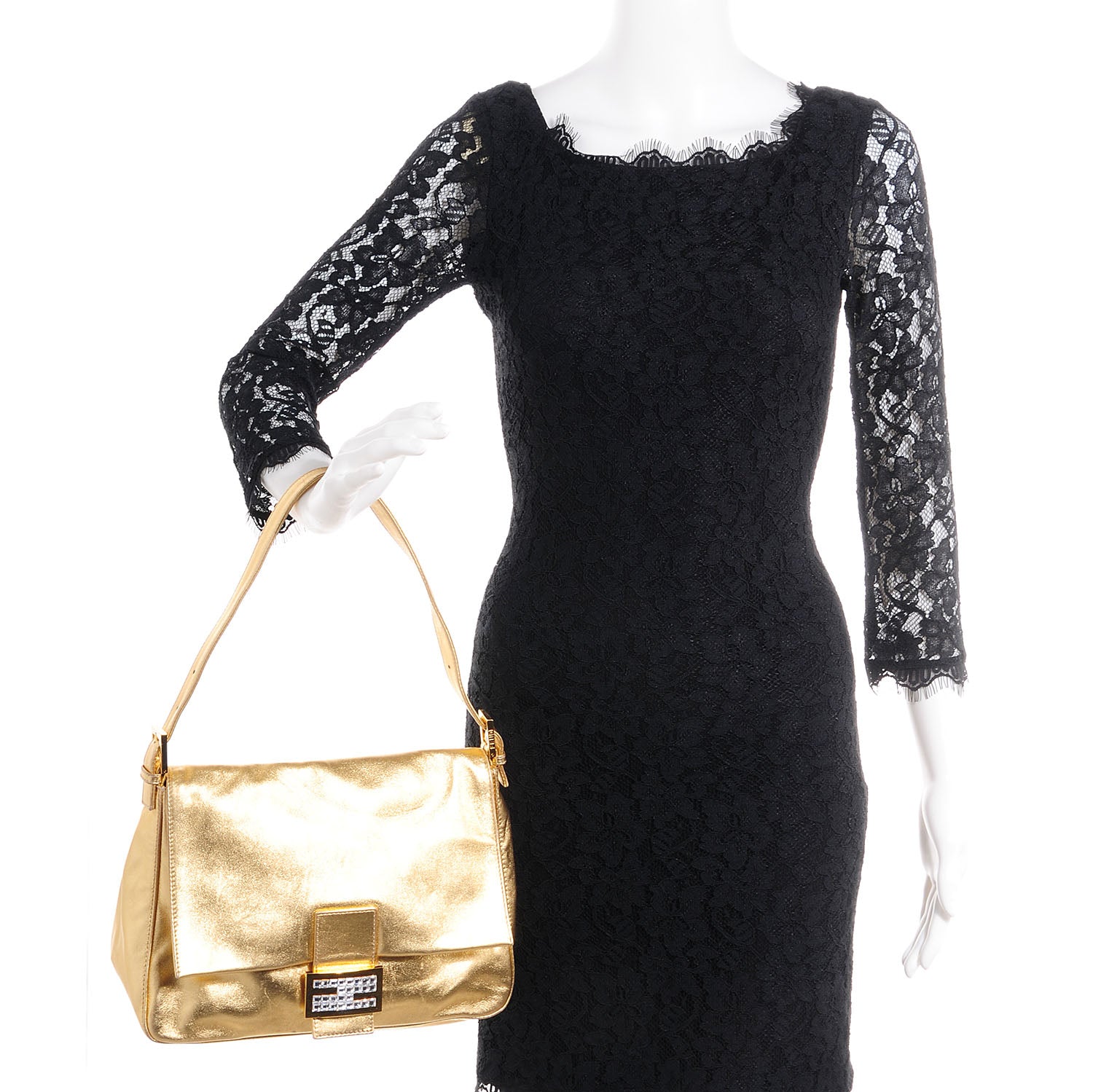Fendi Leather Crystal Mama Baguette Gold 2 of 12