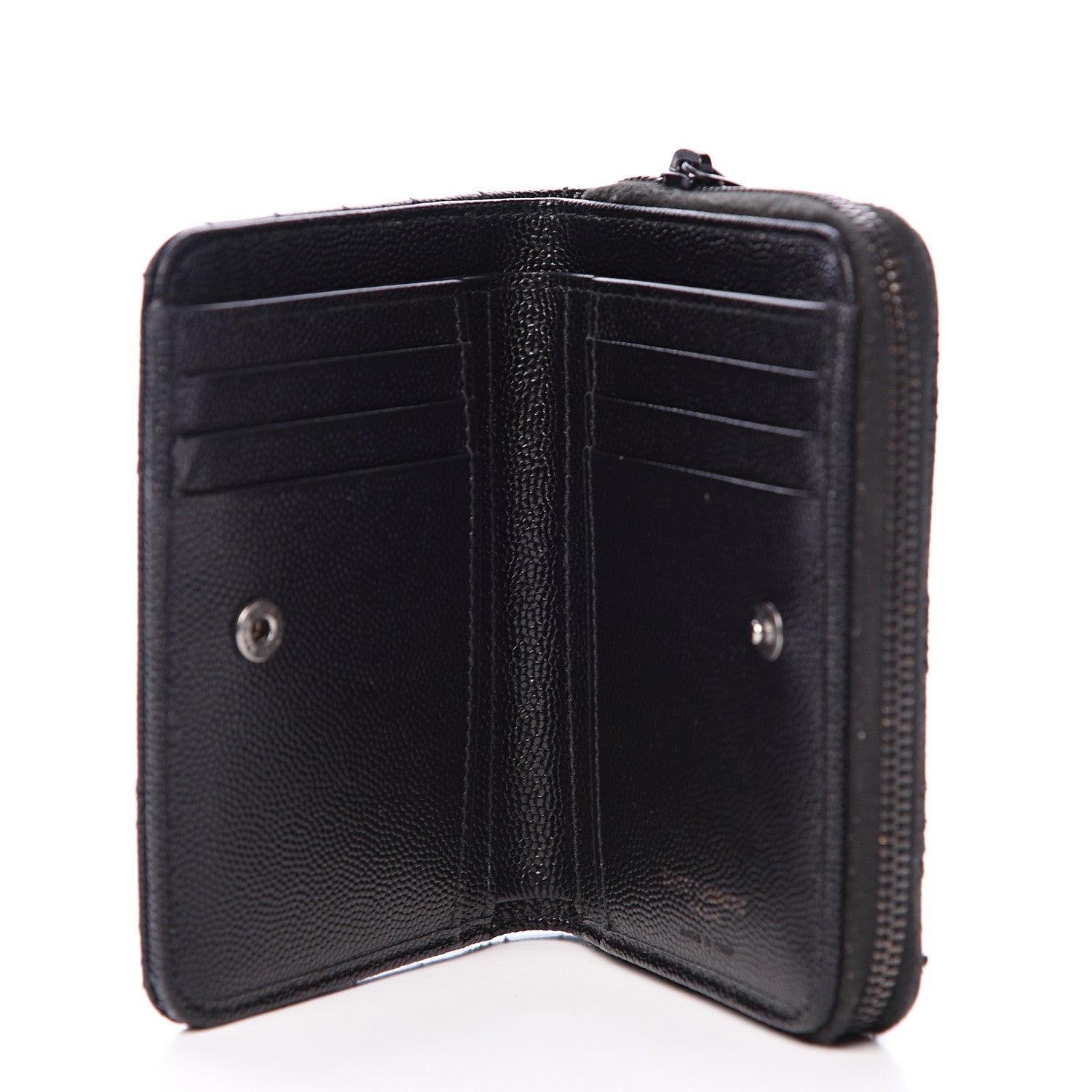 Saint Laurent Grain De Poudre Matelasse Chevron Monogram Compact Zip Around Wallet Black 4 of 11