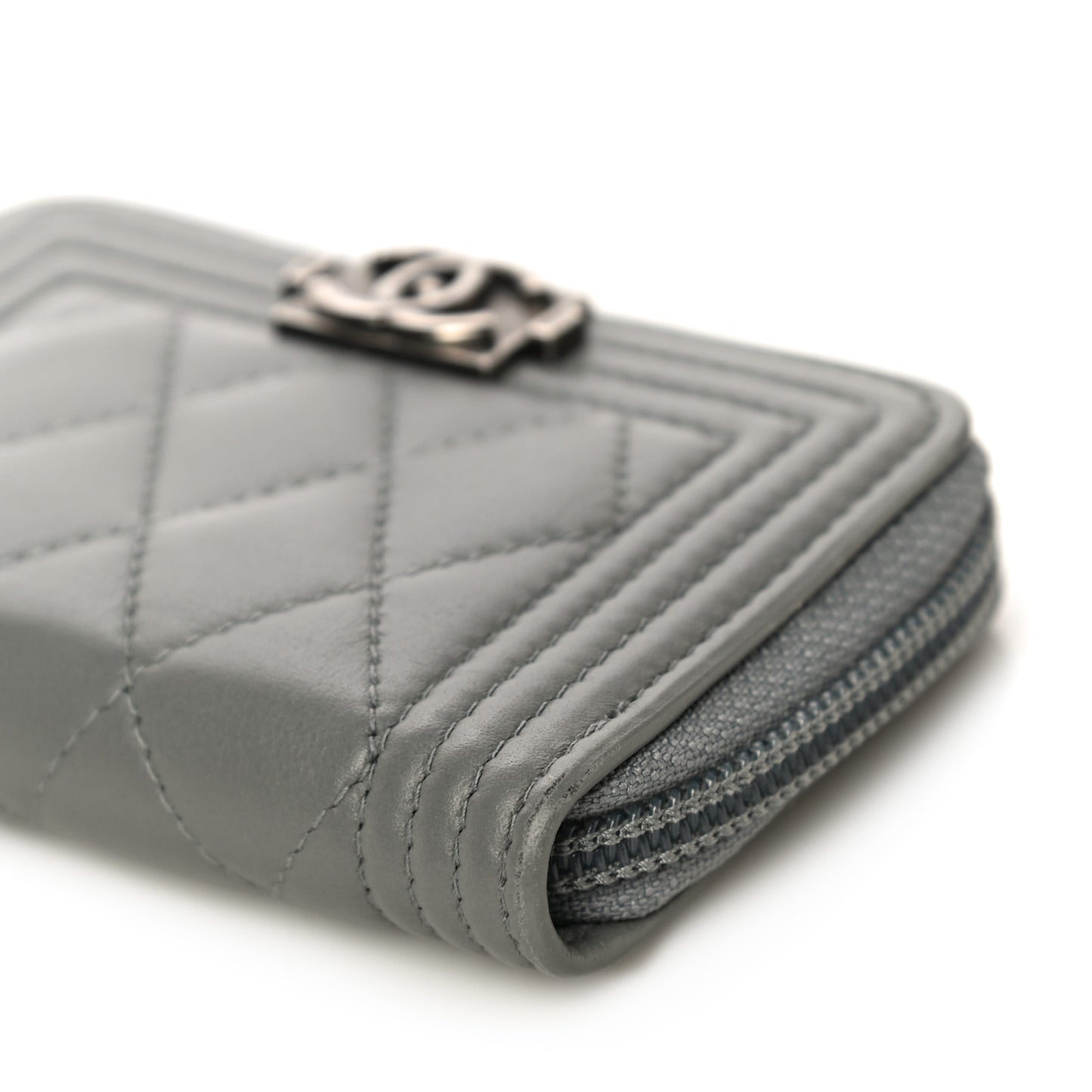 Lambskin Quilted Boy Zip Around Coin Purse Wallet Grey