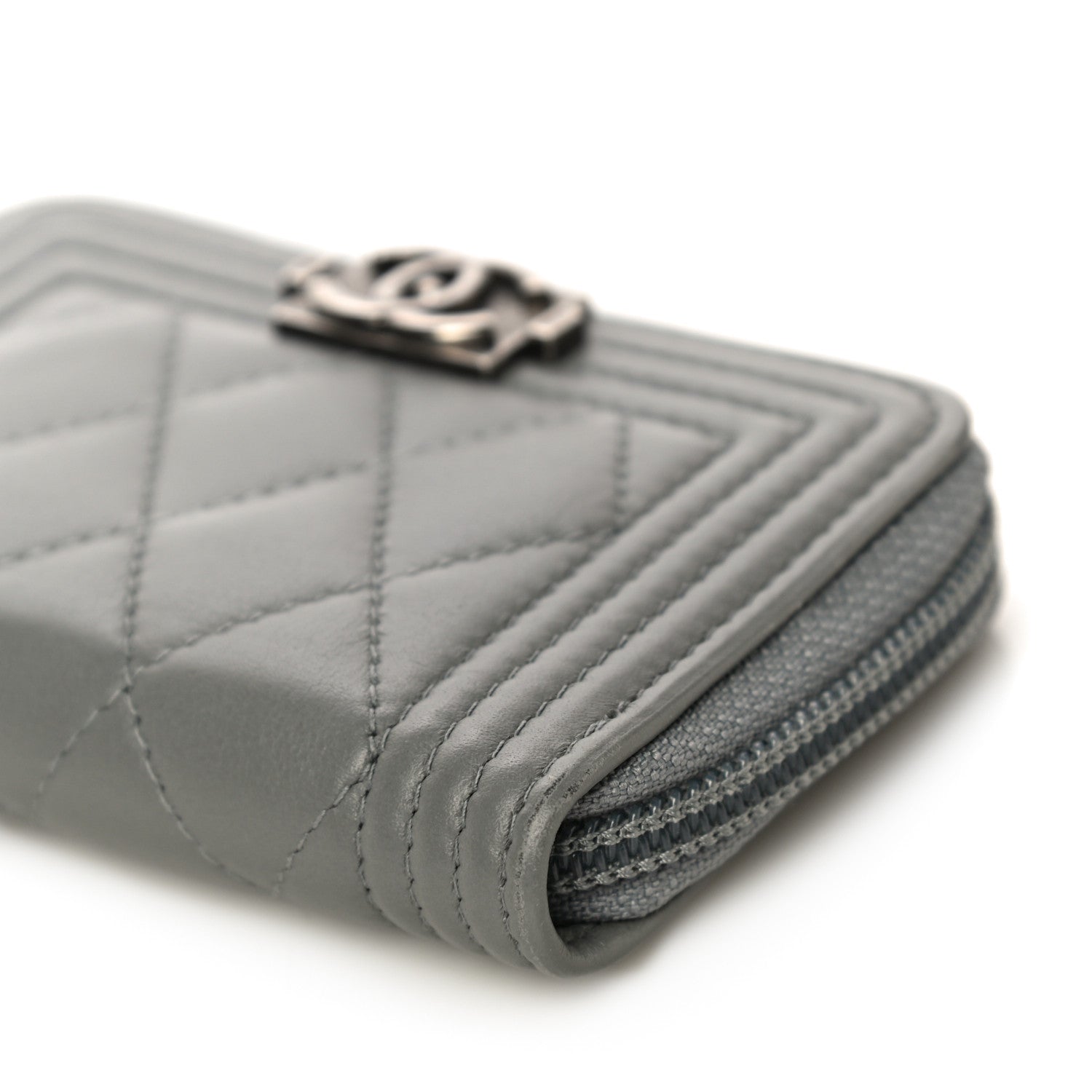 Chanel Lambskin Quilted Boy Zip Around Coin Purse Wallet Grey 10 of 14
