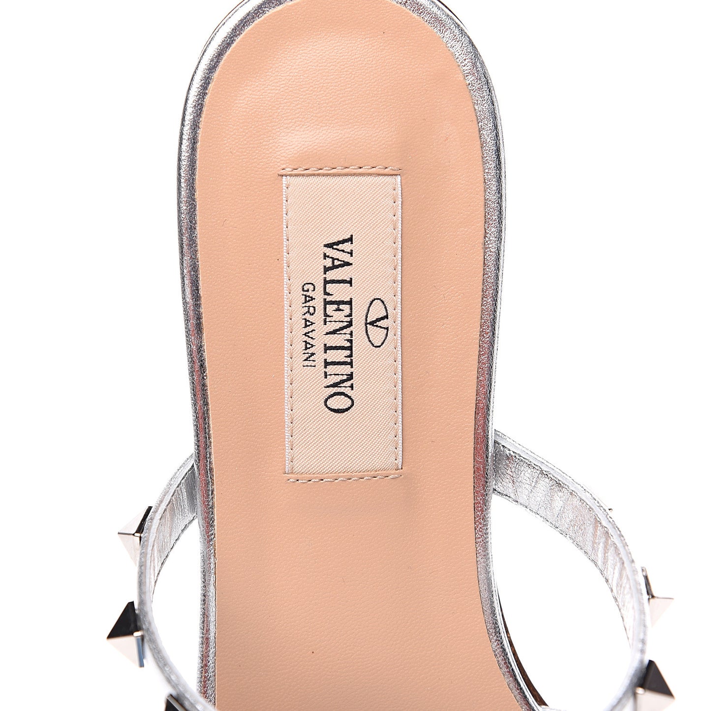Metallic Nappa Rockstud Caged Flat Slide Sandals 35.5 Silver