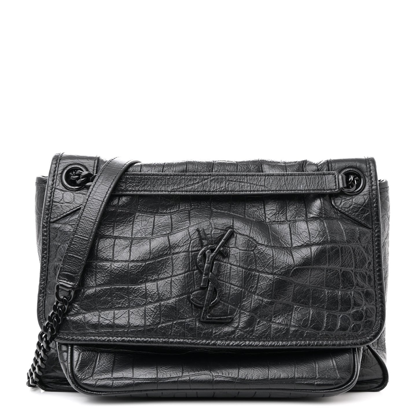 Crocodile Embossed Lambskin Monogram Medium Niki Chain Satchel Black