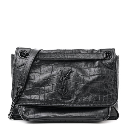 Saint Laurent Crocodile Embossed Lambskin Monogram Medium Niki Chain Satchel Black 1 of 14