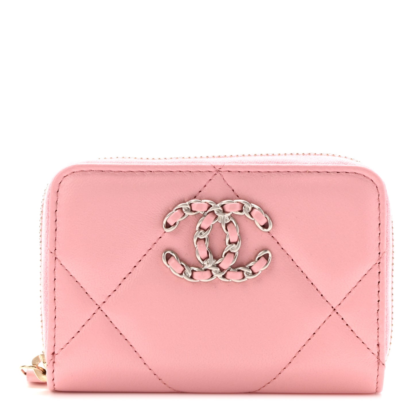 Lambskin Quilted Chanel 19 Zip Around Coin Purse Wallet Light Pink