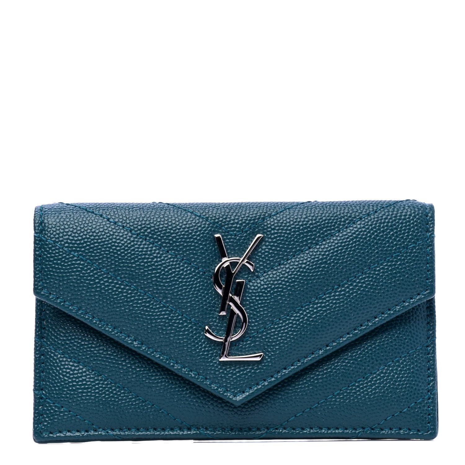 Saint Laurent Grain De Poudre Matelasse Chevron Monogram Compact Wallet Petrol Green 1 of 4