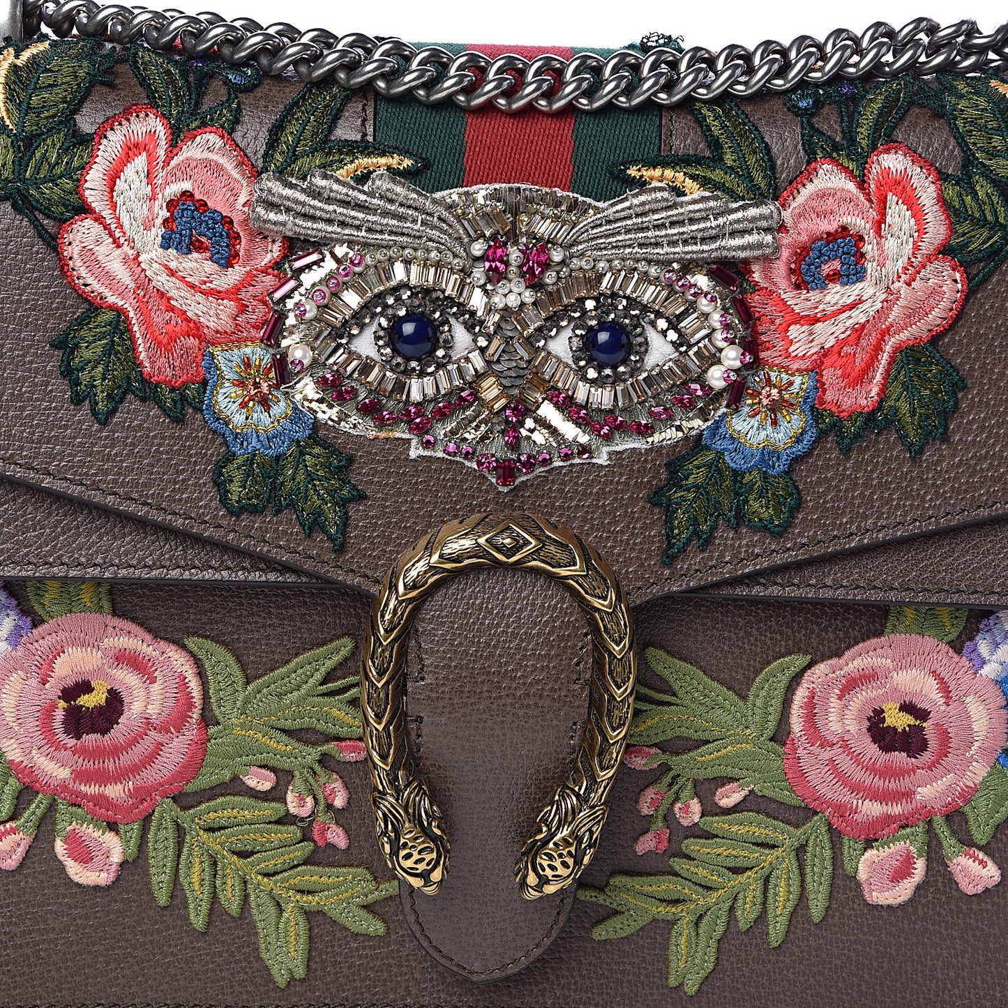 Calfskin Web Owl Embroidered Medium Dionysus Shoulder Bag New Acero Multicolor