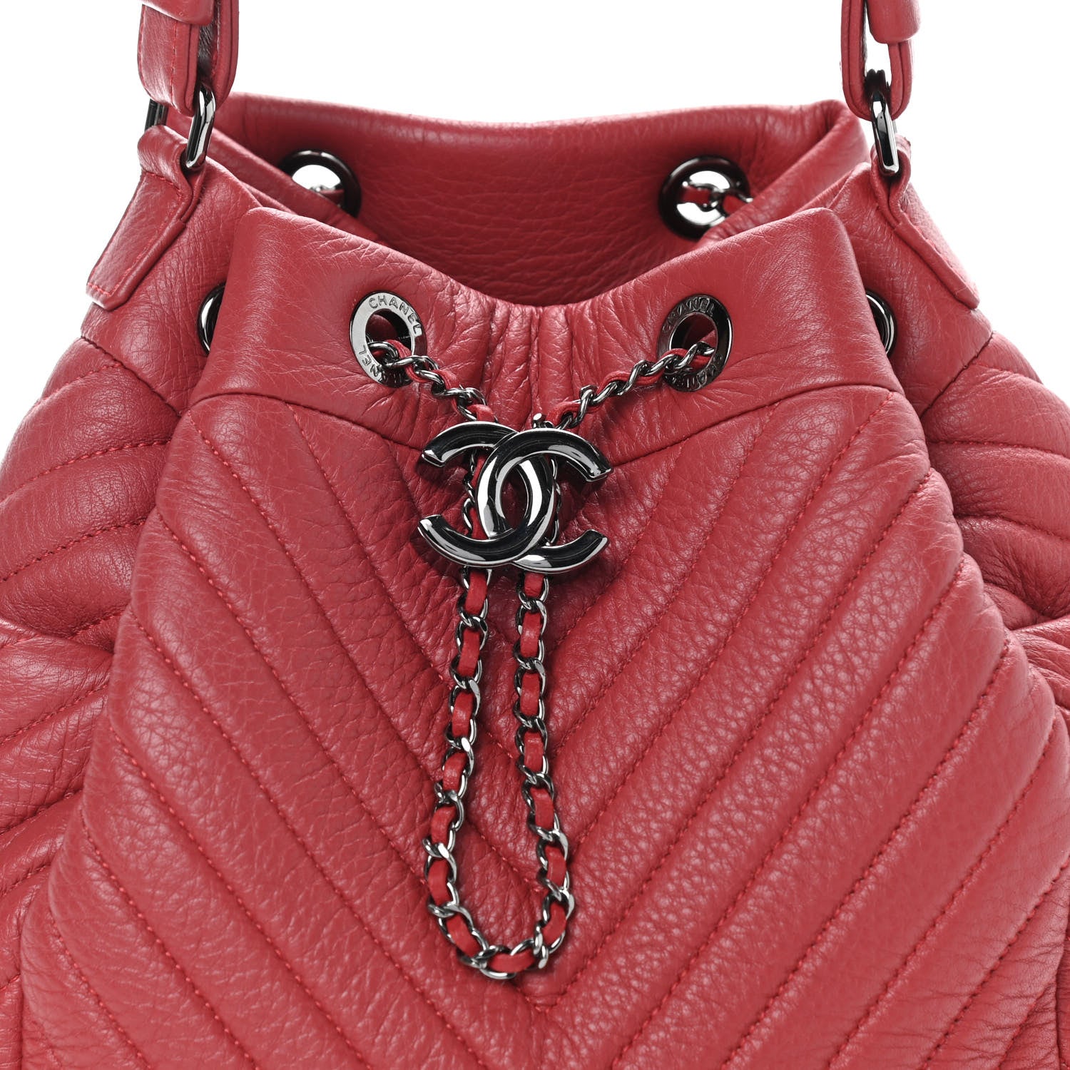 Chanel Deerskin Chevron Small CC Chain Bucket Drawstring Bag Red 10 of 10