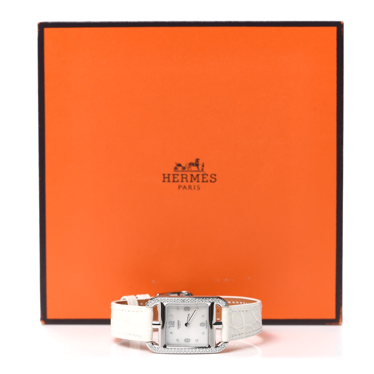 Hermes Stainless Steel Alligator Diamond Bezel Mother of Pearl 23mm Cape Cod Quartz Watch Blanc 5 of 5