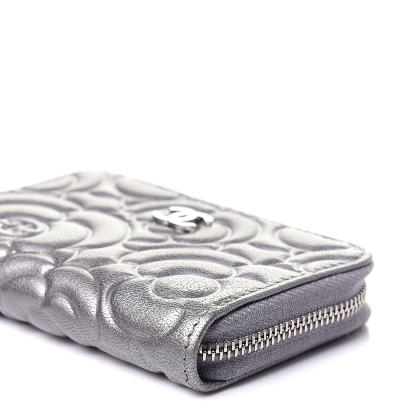 Goatskin Camellia Embossed Zip Coin Purse Silver