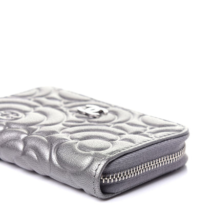 Chanel Goatskin Camellia Embossed Zip Coin Purse Silver 13 of 20