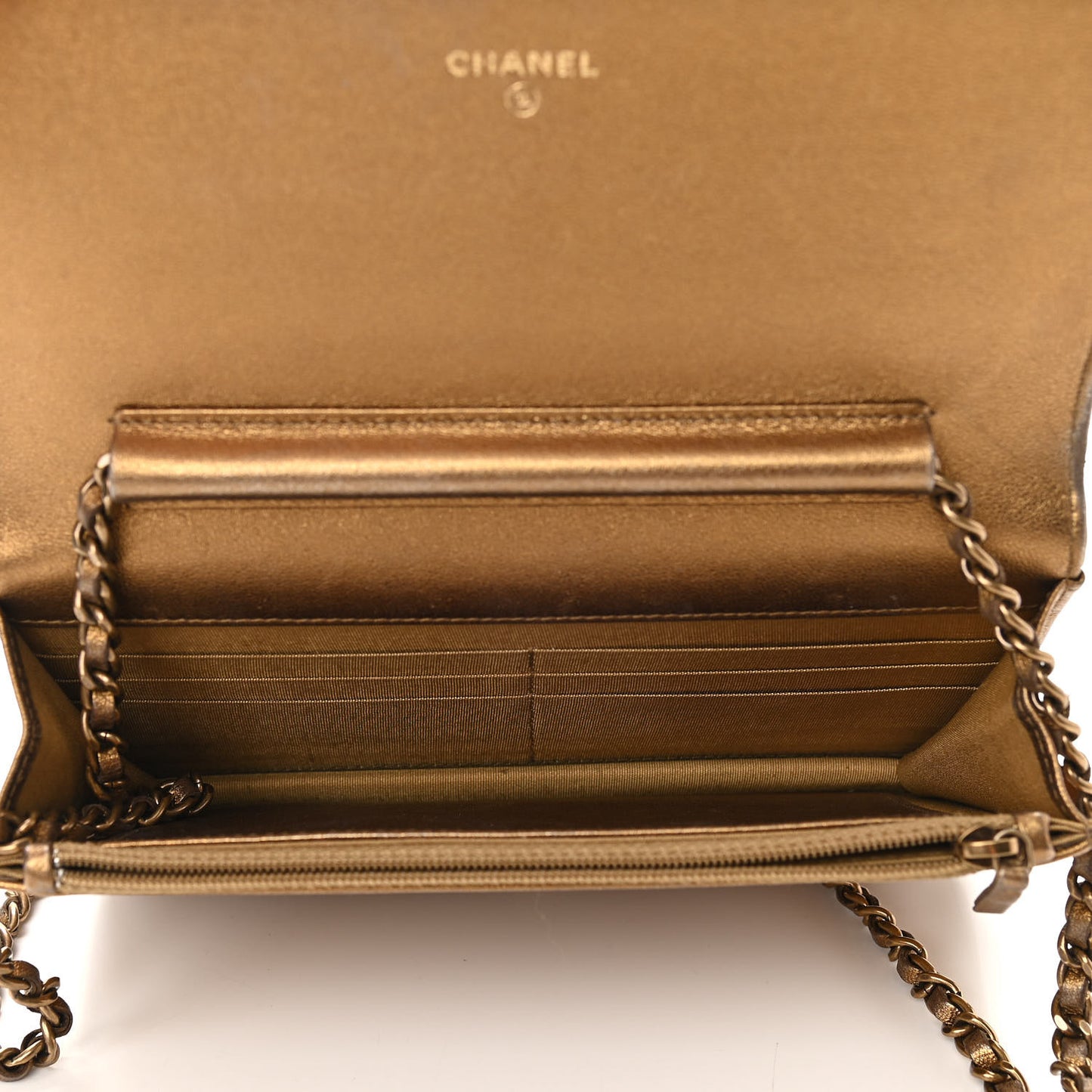 Metallic Lambskin Quilted Diamond CC Wallet On Chain WOC Bronze