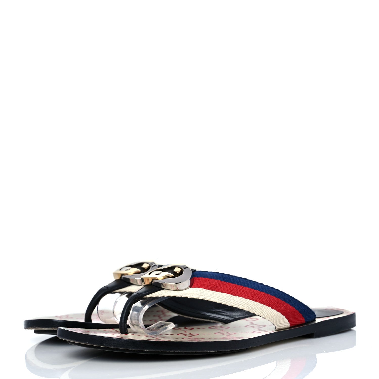 Gucci Nylon Calfskin Sylvie Web GG Monogram Womens Thong Sandals 37 Mystic White Hibiscus Red Marine Black 3 of 8