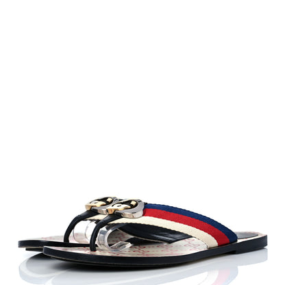 Gucci Nylon Calfskin Sylvie Web GG Monogram Womens Thong Sandals 37 Mystic White Hibiscus Red Marine Black 3 of 8