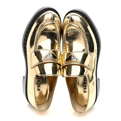 Prada Metallic Brushed Calfskin Metal Triangle Logo 50mm Loafers 39 Platino 4 of 7
