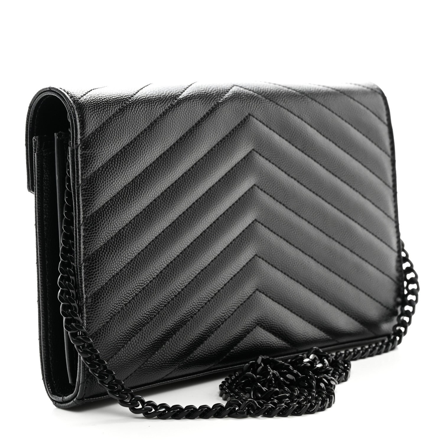 Saint Laurent Grain De Poudre Matelasse Chevron Monogram Monochrome Envelope Chain Wallet Black 3 of 11