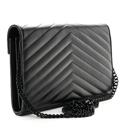 Saint Laurent Grain De Poudre Matelasse Chevron Monogram Monochrome Envelope Chain Wallet Black 3 of 11