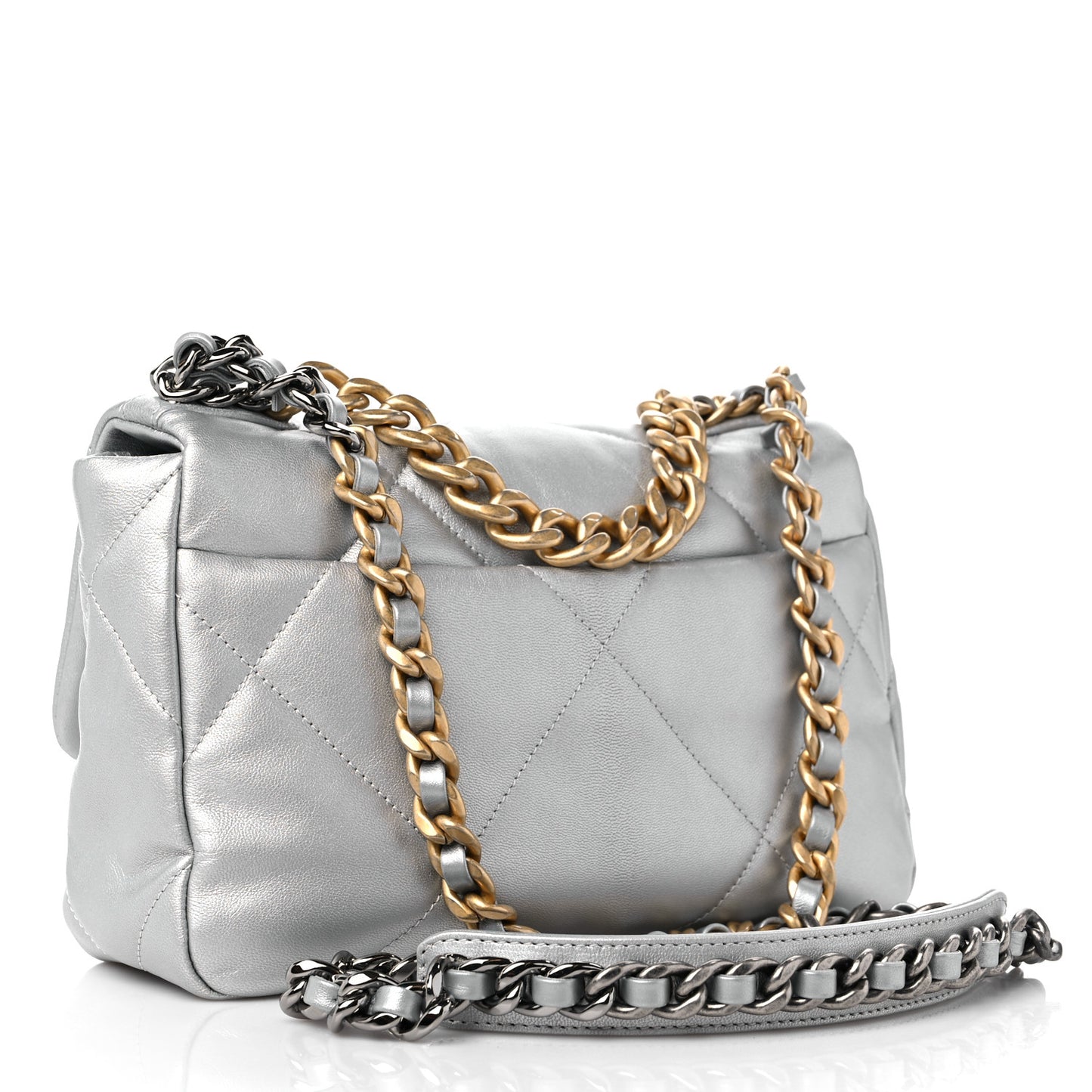 Metallic Goatskin Quilted Medium Chanel 19 Flap Silver