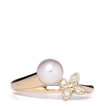 Mikimoto 18K Yellow Gold Diamond Akoya Pearl 6mm Flower Ring 50 5.5 1 of 5