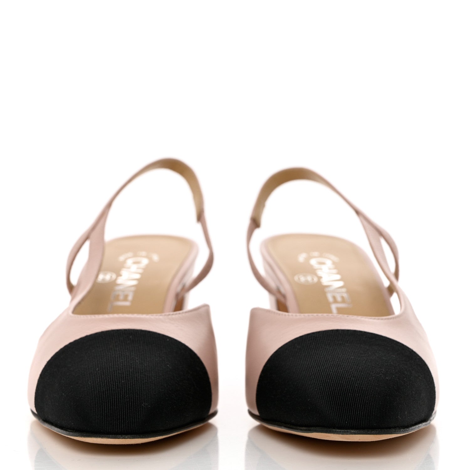 Chanel Goatskin Grosgrain Cap Toe CC Slingback Pumps 38.5 Beige Black 2 of 10