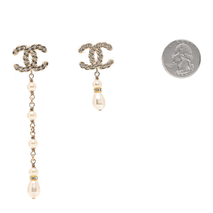 Chanel Pearl Crystal CC Uneven Drop Earrings Gold 2 of 4