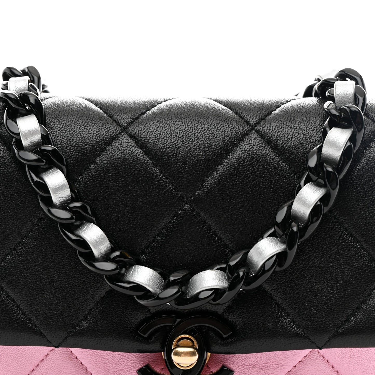 Lambskin Quilted Mini Lacquered Chain Flap Black Pink Beige Silver
