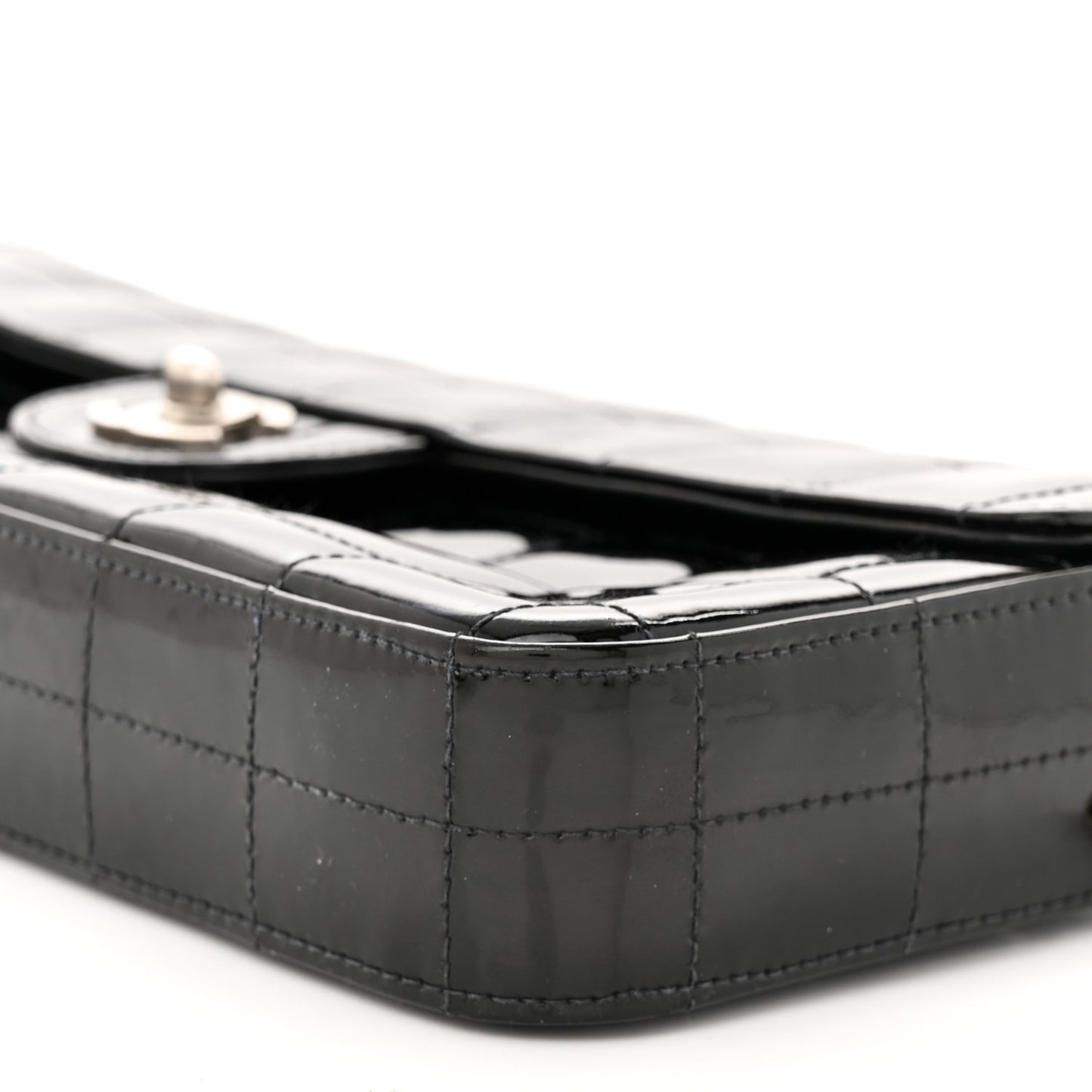 Patent Quilted East West Chocolate Bar Flap Black