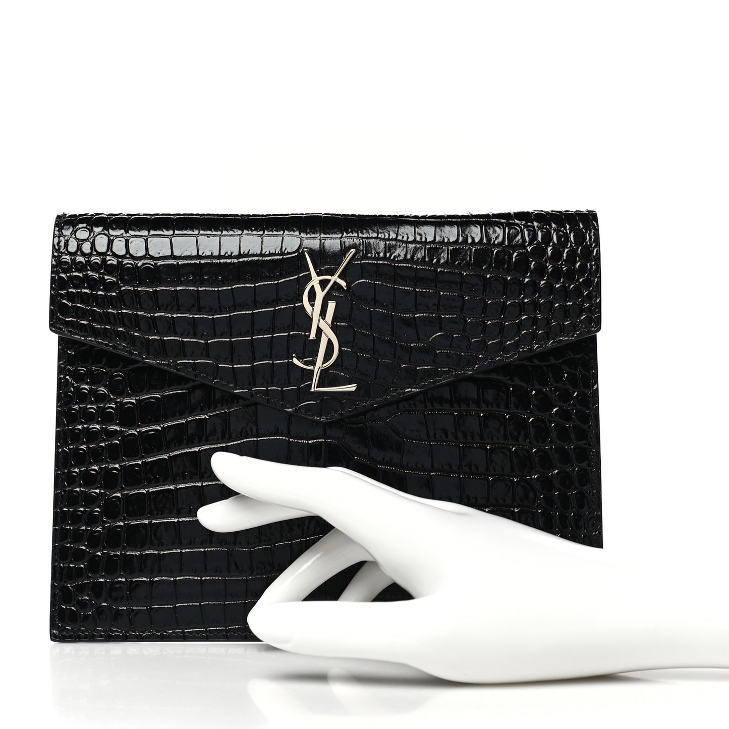 Calfskin Crocodile Embossed Monogram Uptown Baby Pouch Black