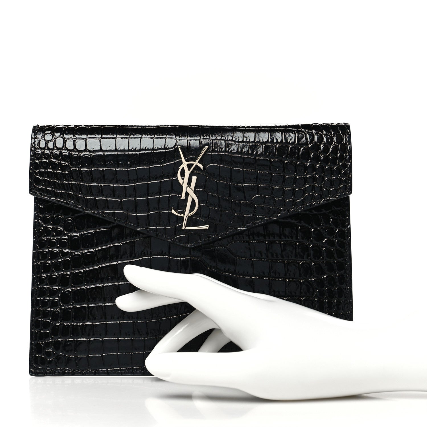 Saint Laurent Calfskin Crocodile Embossed Monogram Uptown Baby Pouch Black 2 of 7