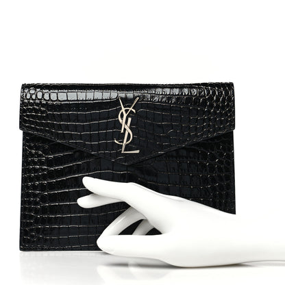 Saint Laurent Calfskin Crocodile Embossed Monogram Uptown Baby Pouch Black 2 of 7