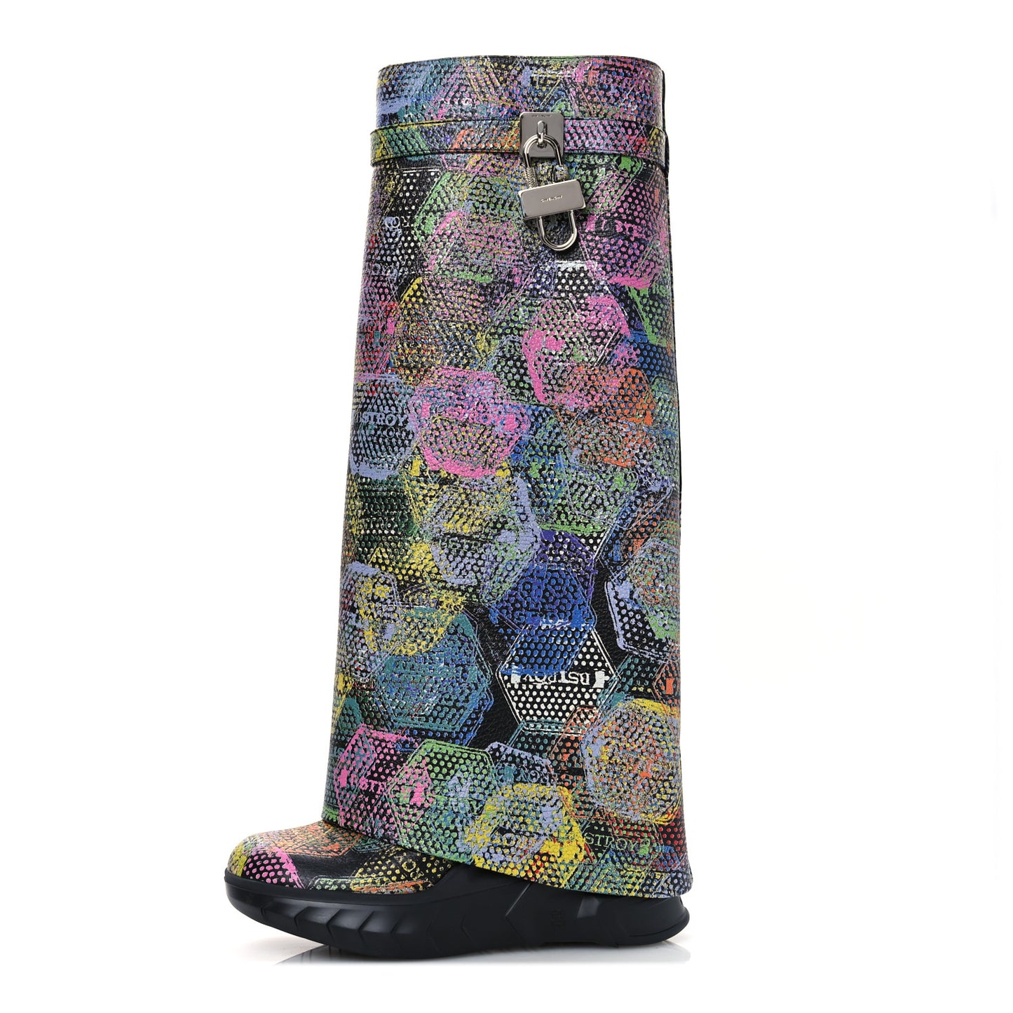 Grained Calfskin Printed Shark Lock Biker Knee Boots 40 Black Multicolor