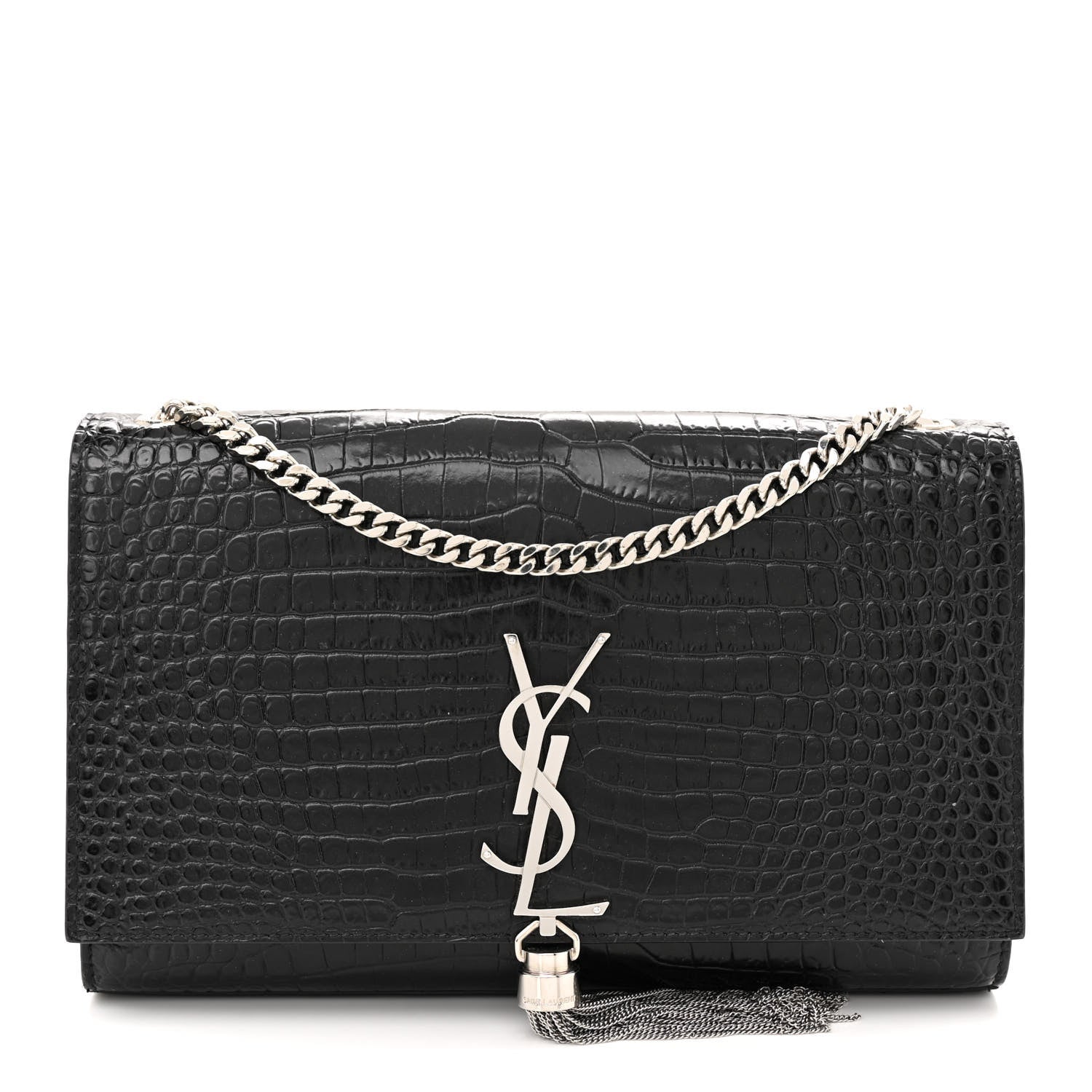 Saint Laurent Calfskin Crocodile Embossed Medium Classic Monogram Kate Tassel Satchel Black 1 of 12