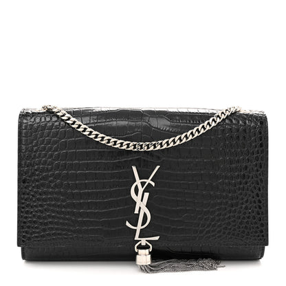 Saint Laurent Calfskin Crocodile Embossed Medium Classic Monogram Kate Tassel Satchel Black 1 of 12