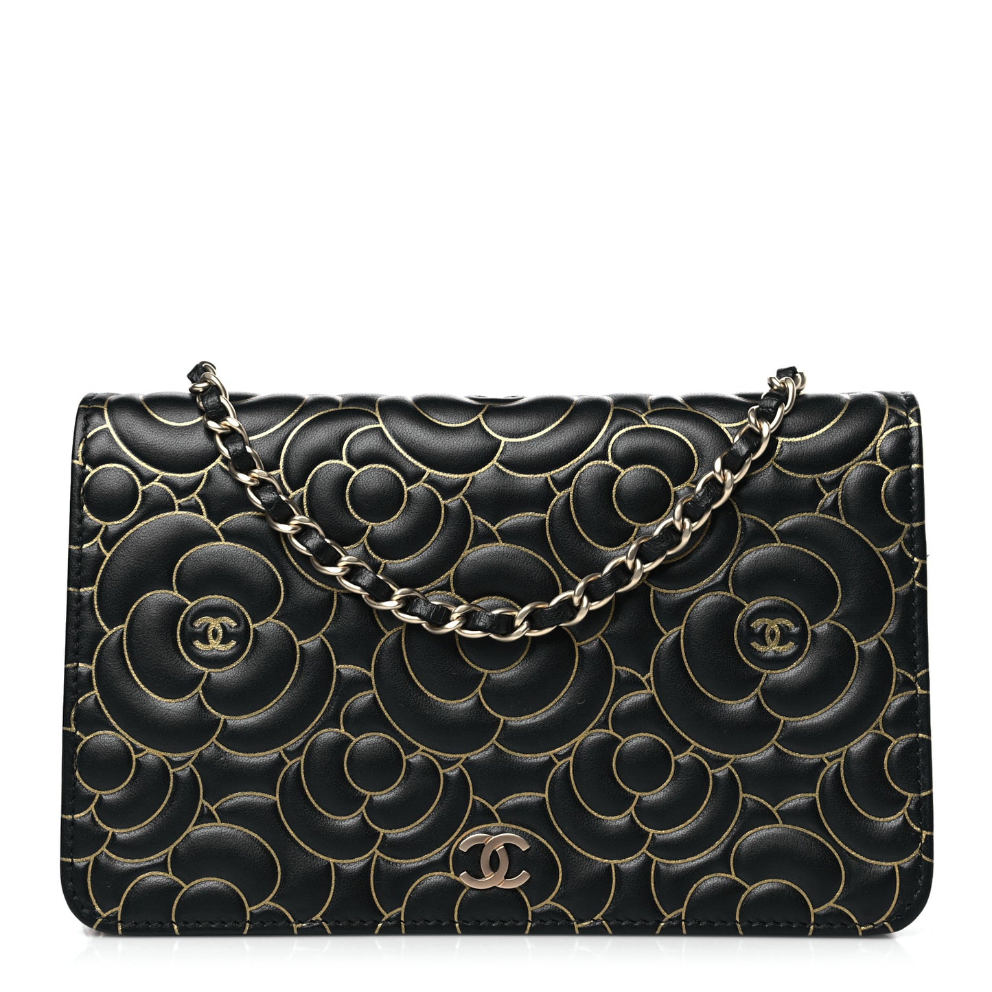 Lambskin Camellia Embossed Wallet On Chain WOC Black Gold