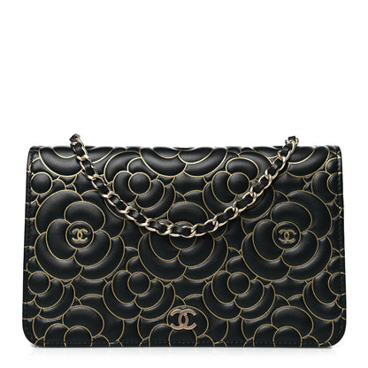 Chanel Lambskin Camellia Embossed Wallet On Chain WOC Black Gold 1 of 10