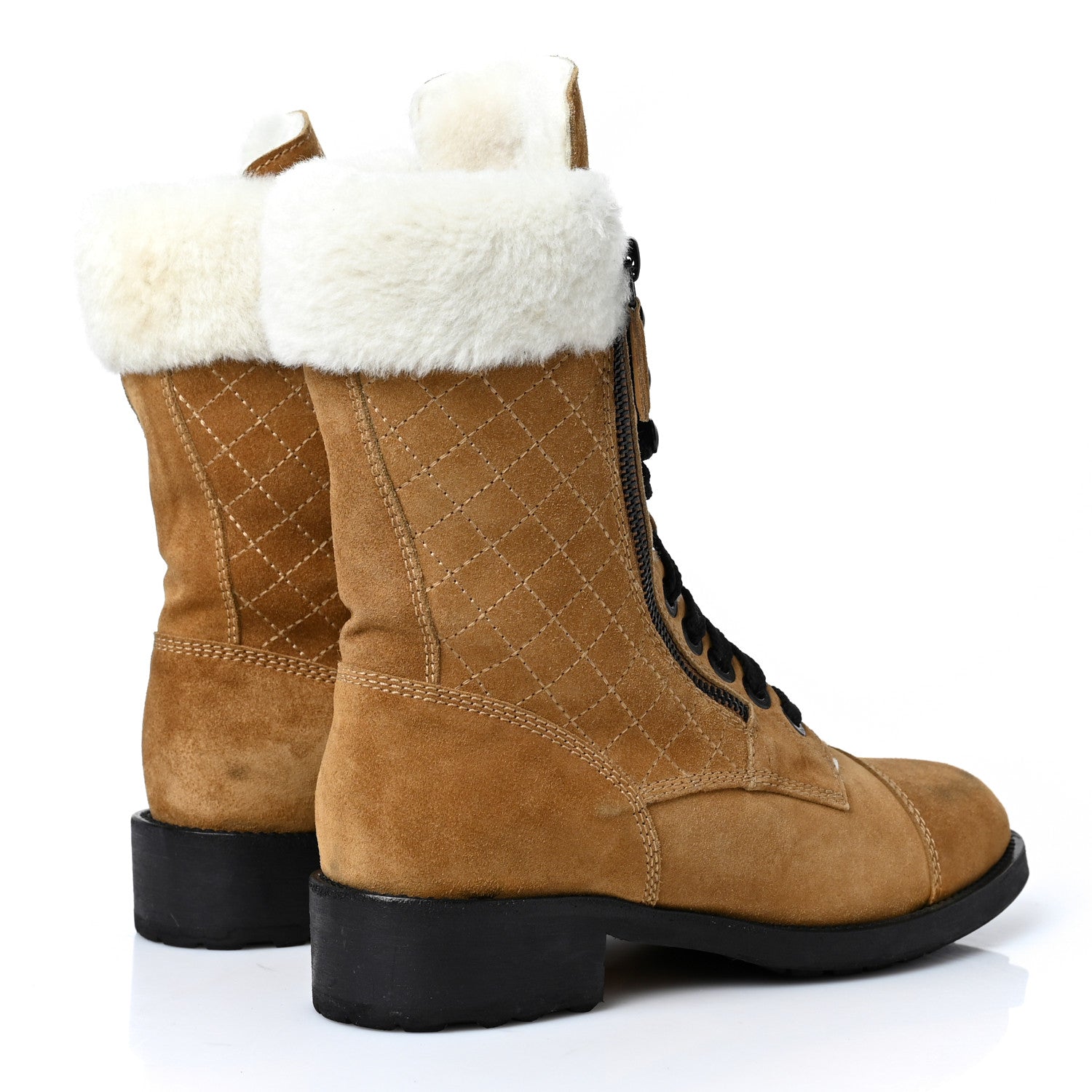Chanel Suede Calfskin Shearling Quilted CC Tall Lace Up Combat Boots 37 4 of 8