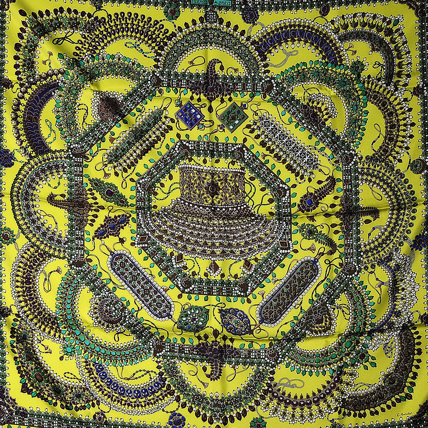 Hermes Silk Parures Des Maharajas Scarf 90 Jaune Fluo Vert Violet 1 of 8