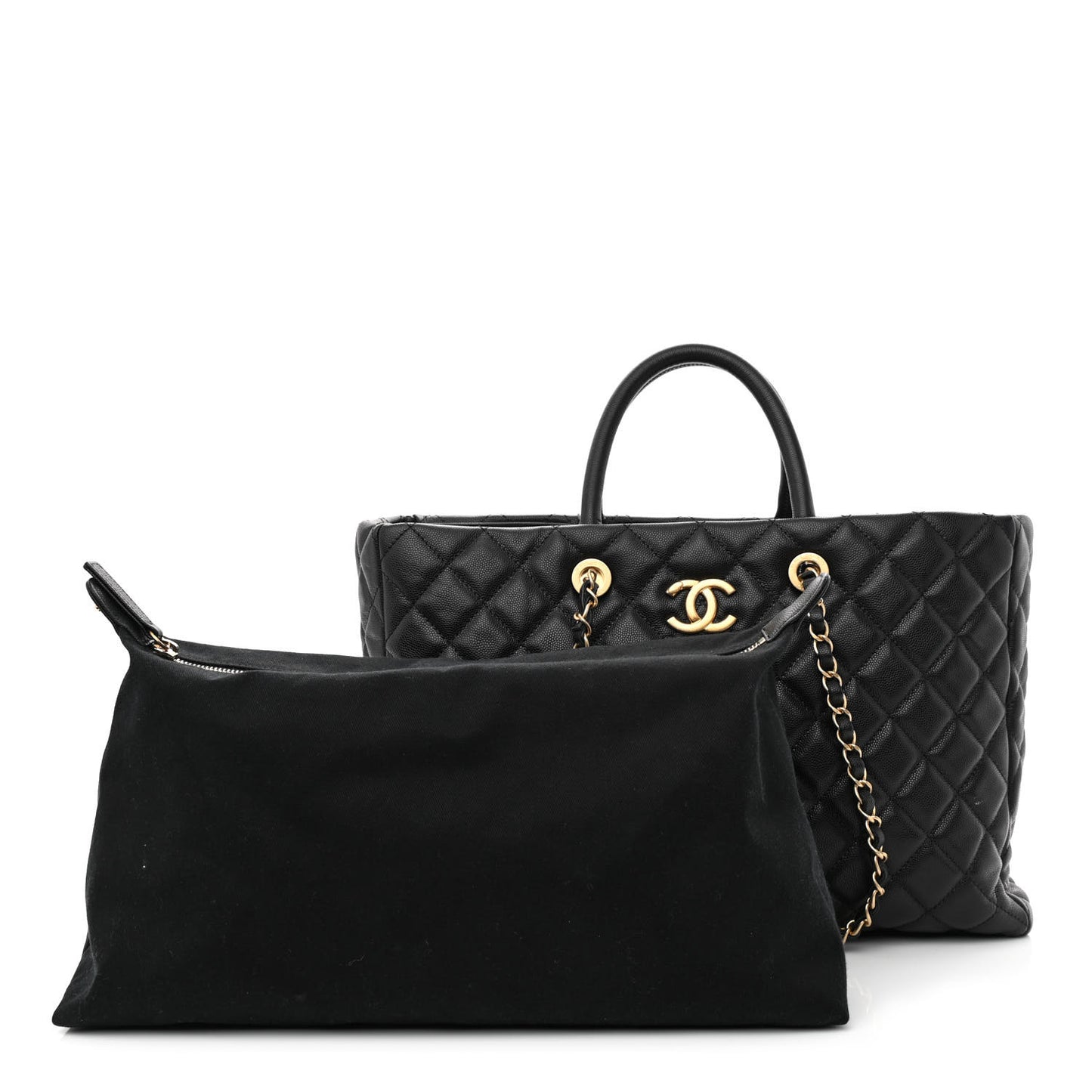 Caviar Quilted Large Coco Handle Shopping Tote Black