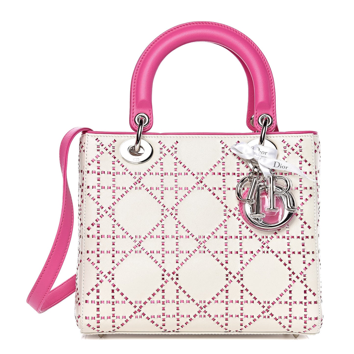 Lambskin Stitched Cannage Medium Lady Dior Pink White