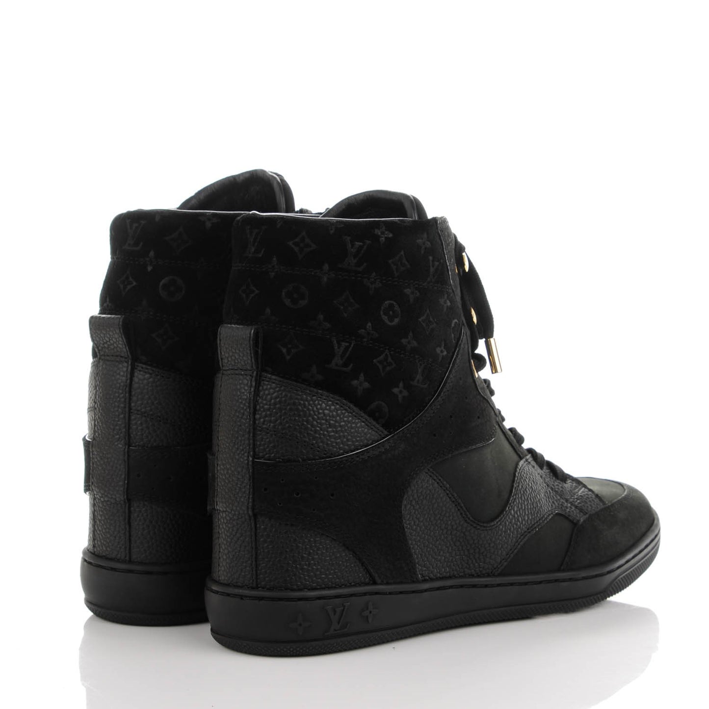 Calfskin Suede Monogram Cliff Top Wedge Sneakers 37.5 Black