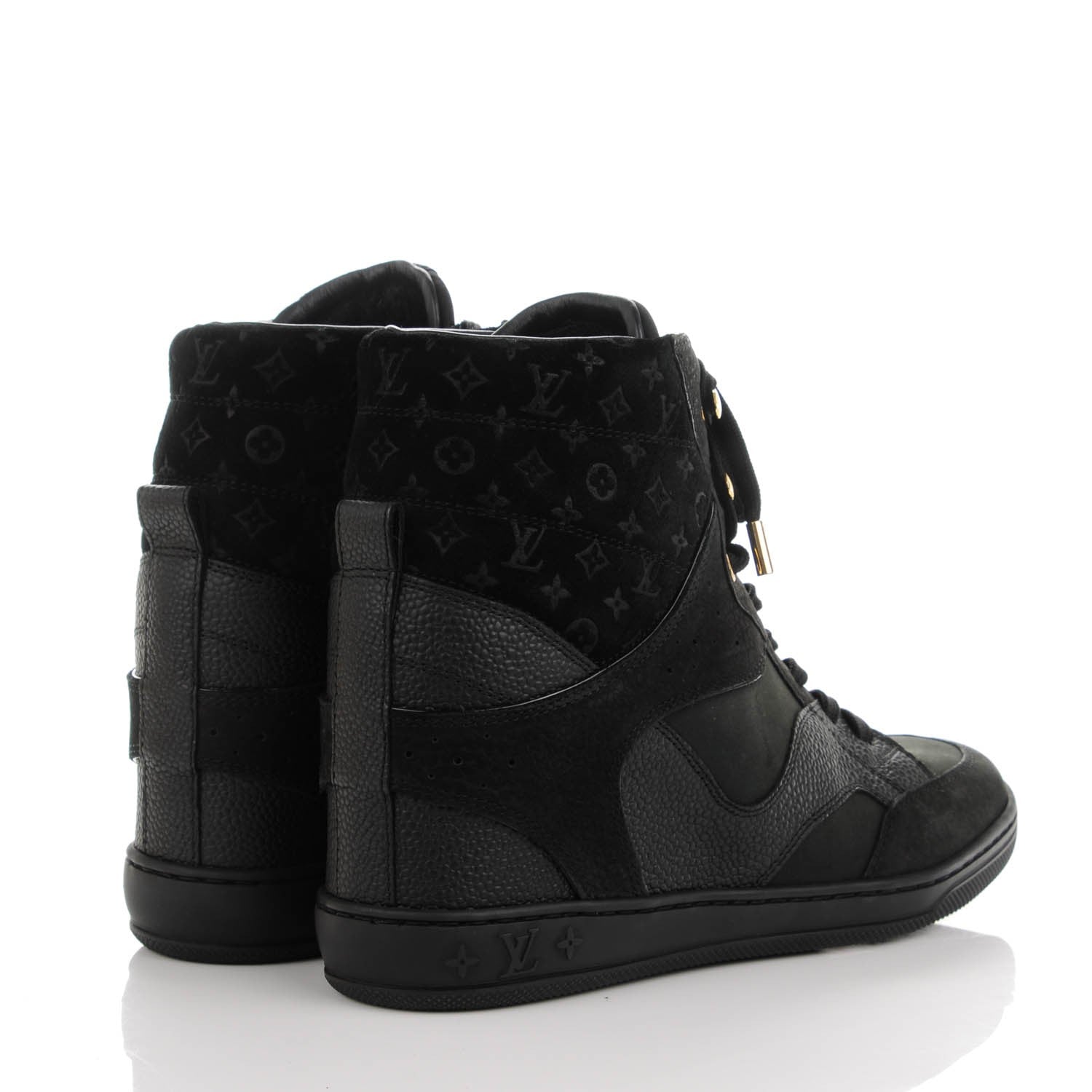 Louis Vuitton Calfskin Suede Monogram Cliff Top Wedge Sneakers 37.5 Black 4 of 8