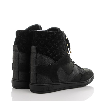 Louis Vuitton Calfskin Suede Monogram Cliff Top Wedge Sneakers 37.5 Black 4 of 8