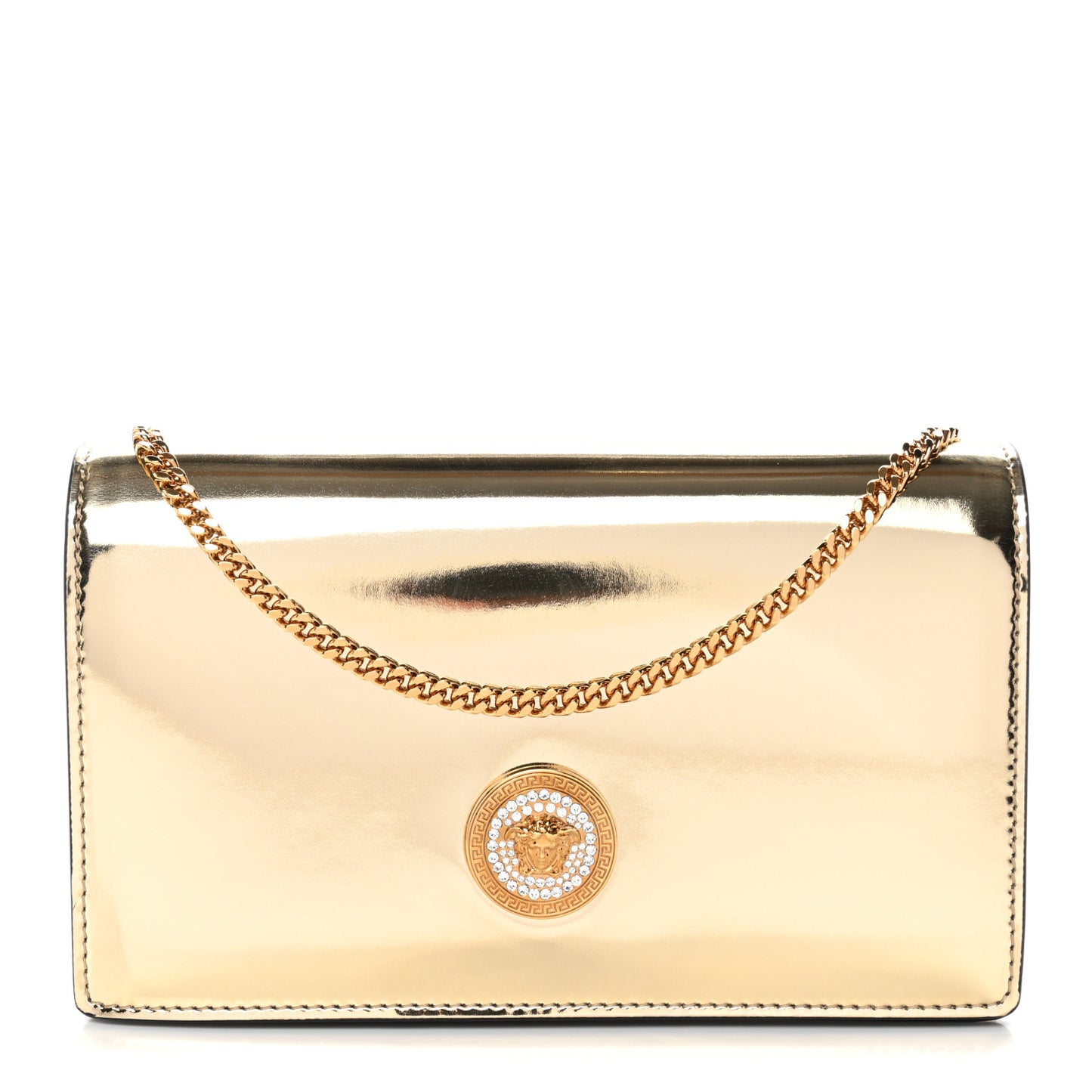 Patent Metallic Crystal Medusa Clutch On Chain Gold
