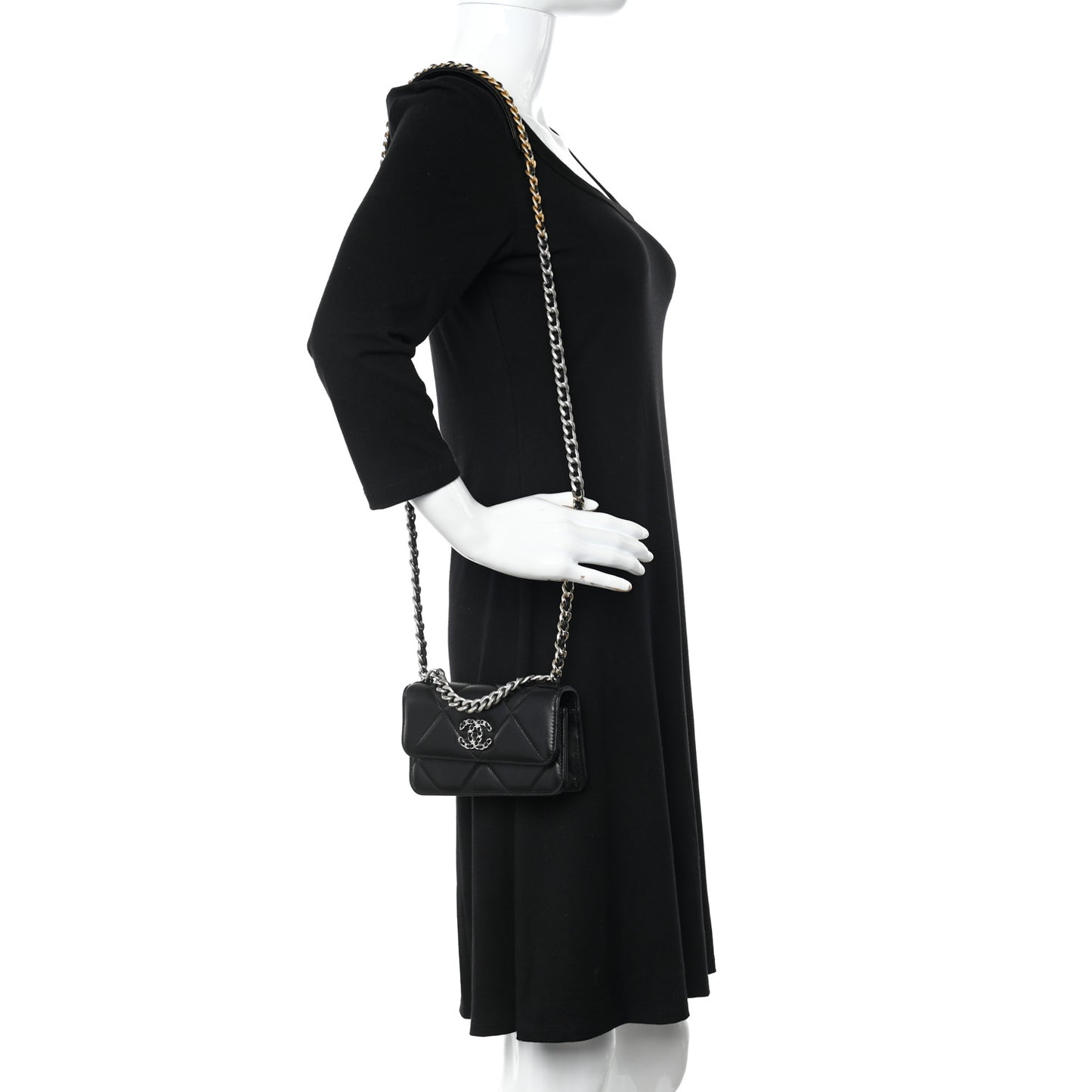 Lambskin Quilted Chanel 19 Flap Phone Holder With Chain Black