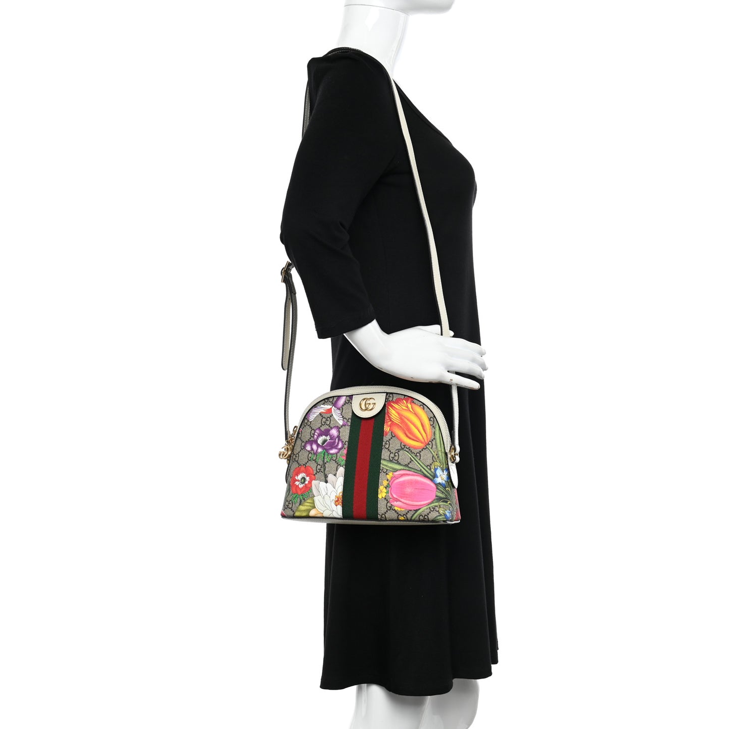 GG Supreme Monogram Flora Web GG Small Ophidia Dome Shoulder Bag White